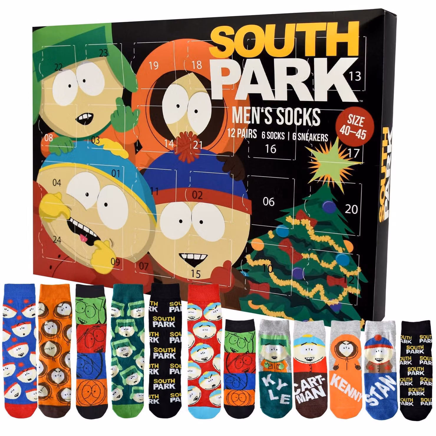 Calendario dell'Avvento con 12 paia di calzini di South Park, taglia 40-45