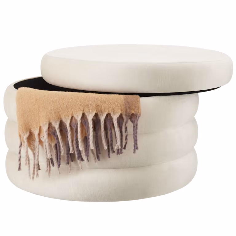 Sgabello Altu XL Tectake imbottito in velluto beige e bianco con spazio di archiviazione e rivestimento rimovibile