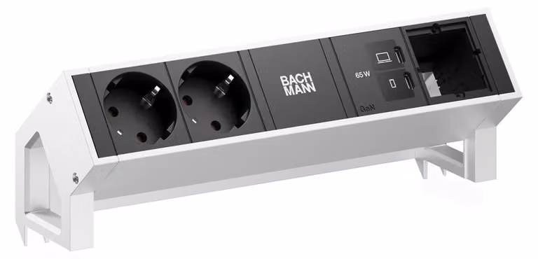 Scrivania BACHMANN DESK2, 2 prese CEE7/3, 1 porta USB-C con ricarica da 65W, 1 cavo di alimentazione CM, lunghezza 0,2 metri, acciaio inossidabile