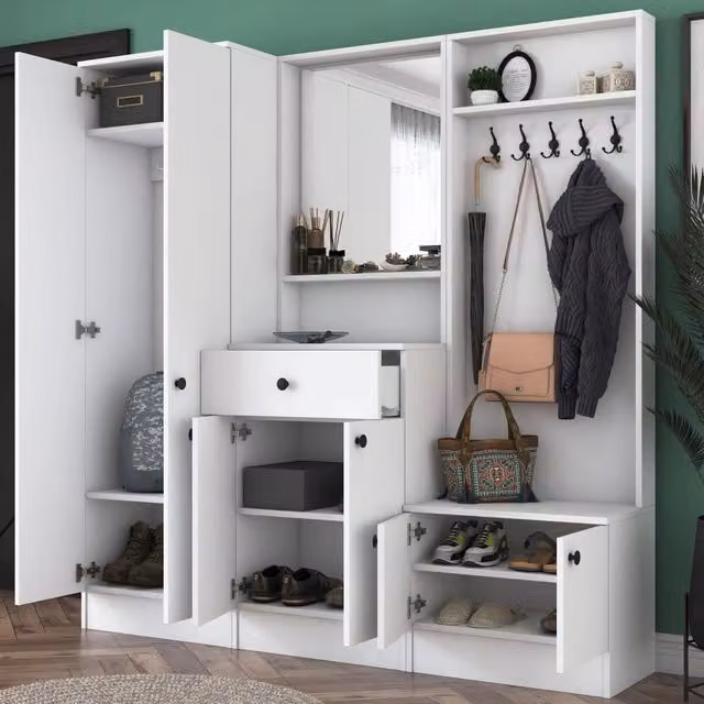 DMORA Manzano Mobile da Ingresso Moderno con Specchio e Ante Scorrevoli Bianco o Nero L: 179 cm, P: 37 cm, H: 183 cm – 1
