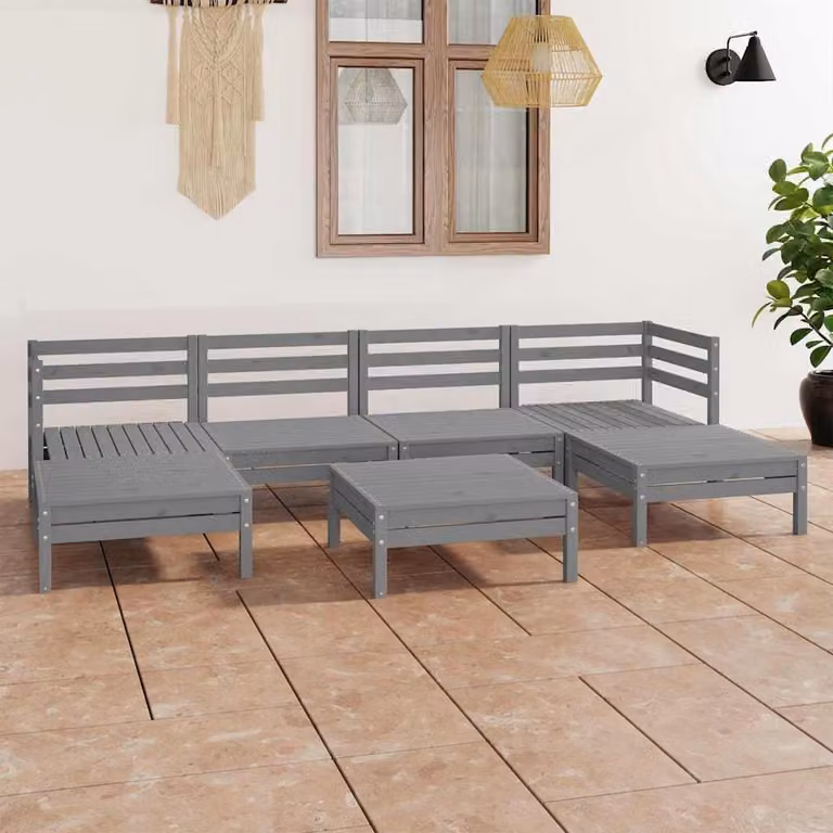Set Salotto da Giardino vidaXL 7 pz in Legno di Pino Grigio con Cuscini e Design a L