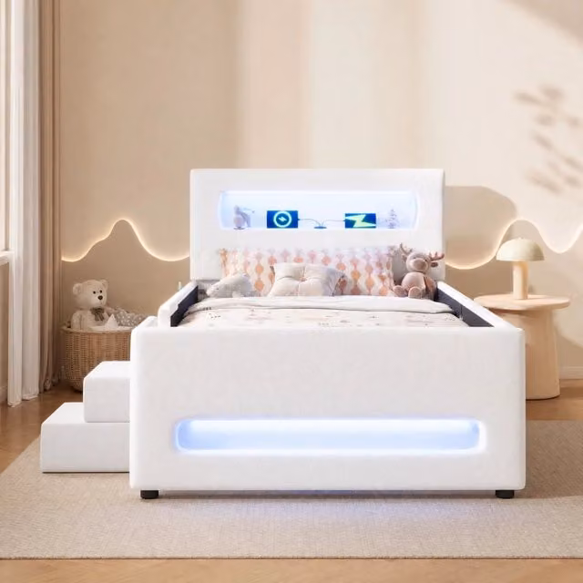 Letto Mivray imbottito con cassetti e illuminazione LED regolabile tramite app, porta USB, colore bianco, L/P/H: 90 x 200 x 97 cm