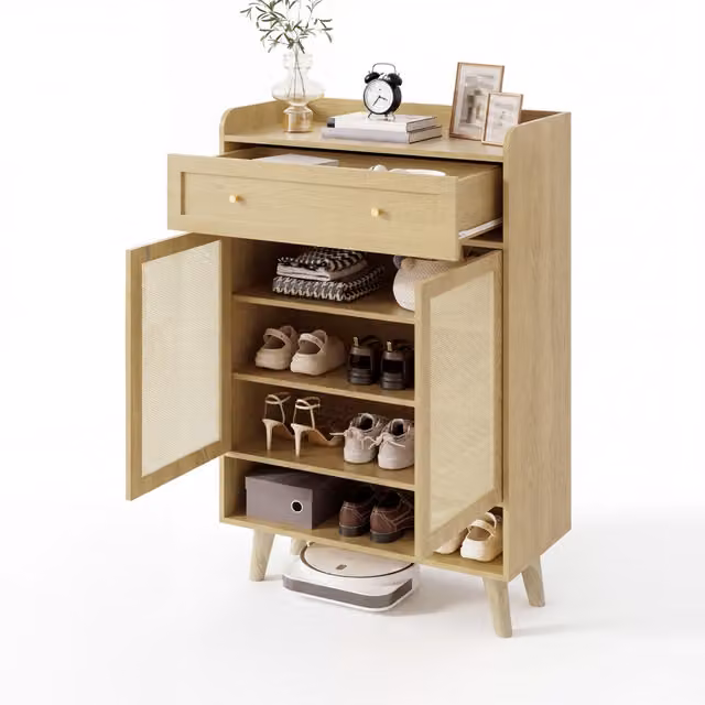 Scarpiera contenitore moderna in legno rovere beige con ante e cassetto per ingresso e soggiorno L: 80 cm, P: 35 cm, H: 105 cm