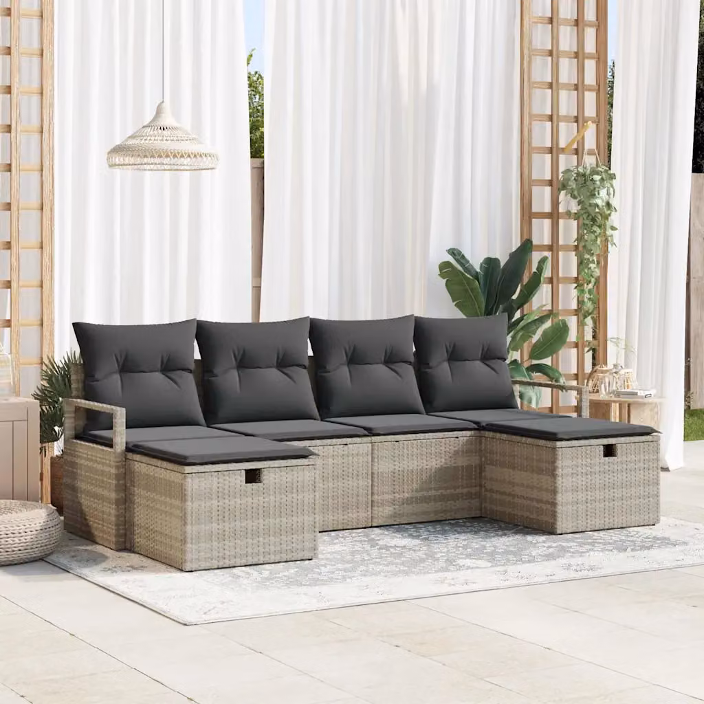 Set di divani da giardino vidaXL a forma di U, 6 posti, colore grigio con cuscini inclusi e struttura in metallo e rattan – 1