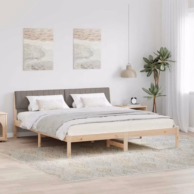Struttura del letto con testiera vidaXL in legno di pino e tessuto, Marrone, Beige e Grigio, L/P/H: 180 x 200 x 78,5 cm