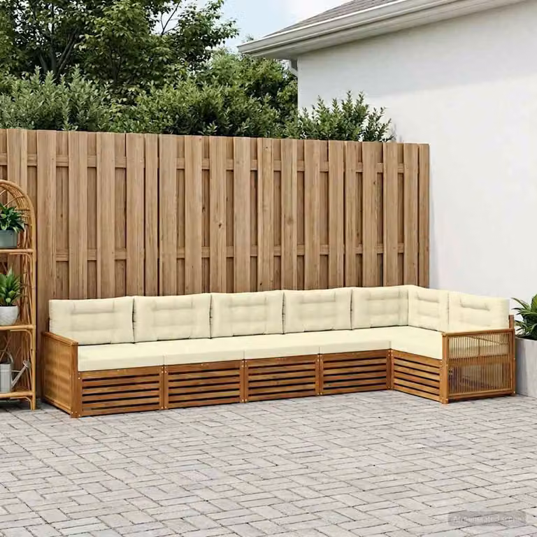 Set di divani da esterno vidaXL a forma di L composto da 6 pezzi in legno di acacia con cuscini, colore beige e marrone