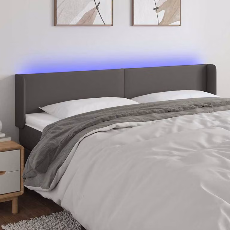 Testiera per letto vidaXL in similpelle grigia con illuminazione LED e porta di ricarica USB, L: 203 cm, P: 16 cm, H: 78-88 cm