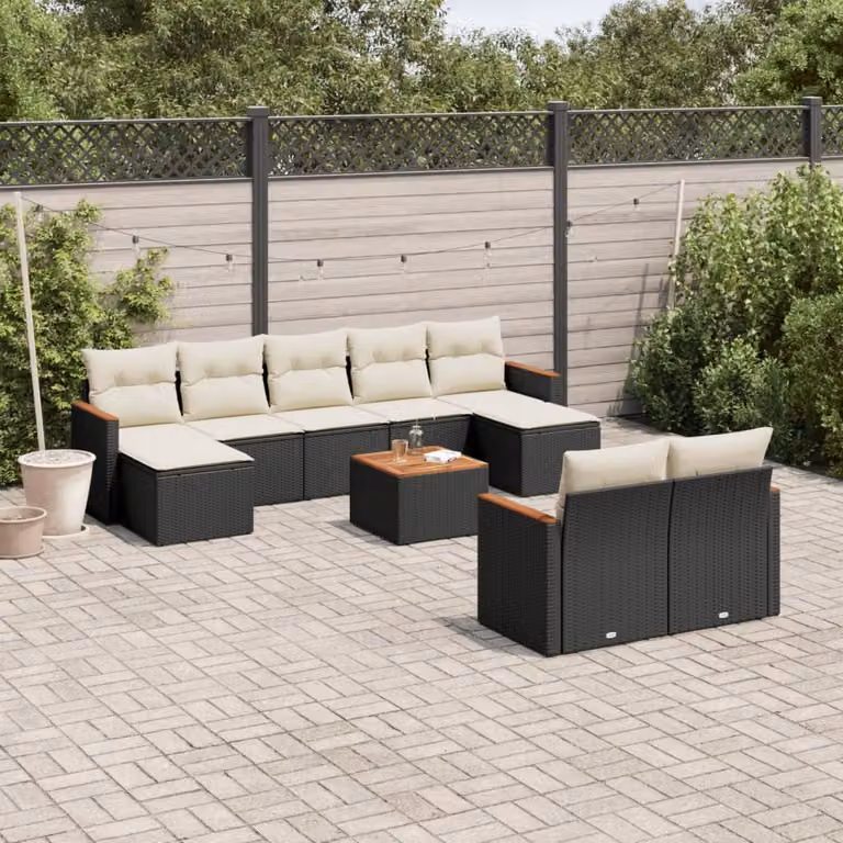 Set di Divani da Giardino vidaXL 10 Pezzi in Polyrattan Nero con Cuscini e Tavolino da Esterno a Forma di U