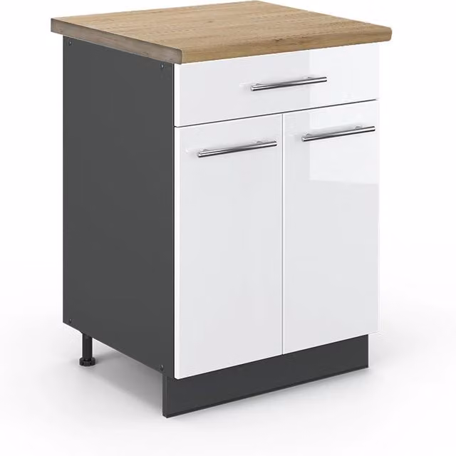 Mobiletto base per cucina Fame-Line Bianco lucido/Antracite 60 cm con cassetto, PL Rovere Vicco