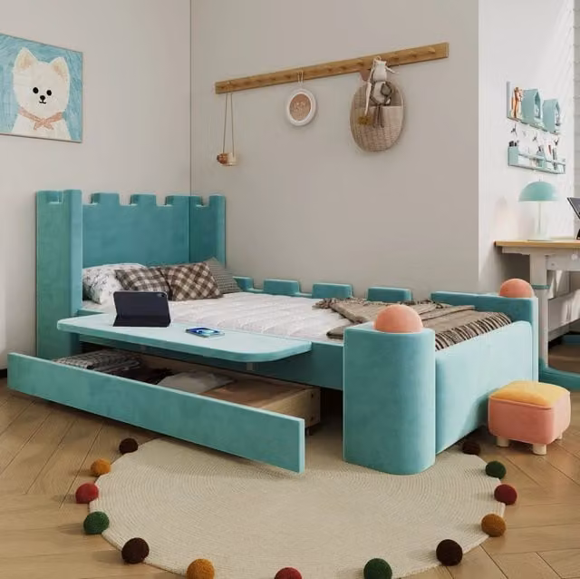 Letto singolo imbottito per bambini con cassetto contenitore, design castello, velluto francese blu-verde 90x200 cm