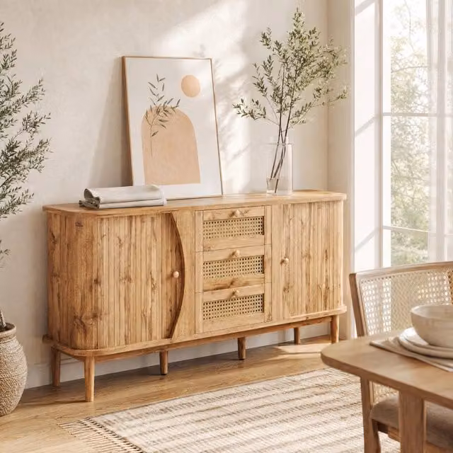 Credenza con ante scorrevoli e tre cassetti in rattan ripiani regolabili pannello truciolare naturale 140;5 × 40 × 76 cm