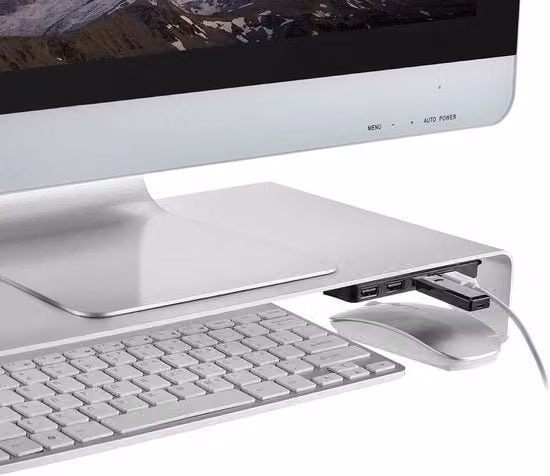 Sostegno monitor per schermo e laptop con supporto antiscivolo in silicone - porta USB 2.0 - per schermi e laptop da 11 a 32 pollici - carico massimo 10 kg. Elevatore per schermo.