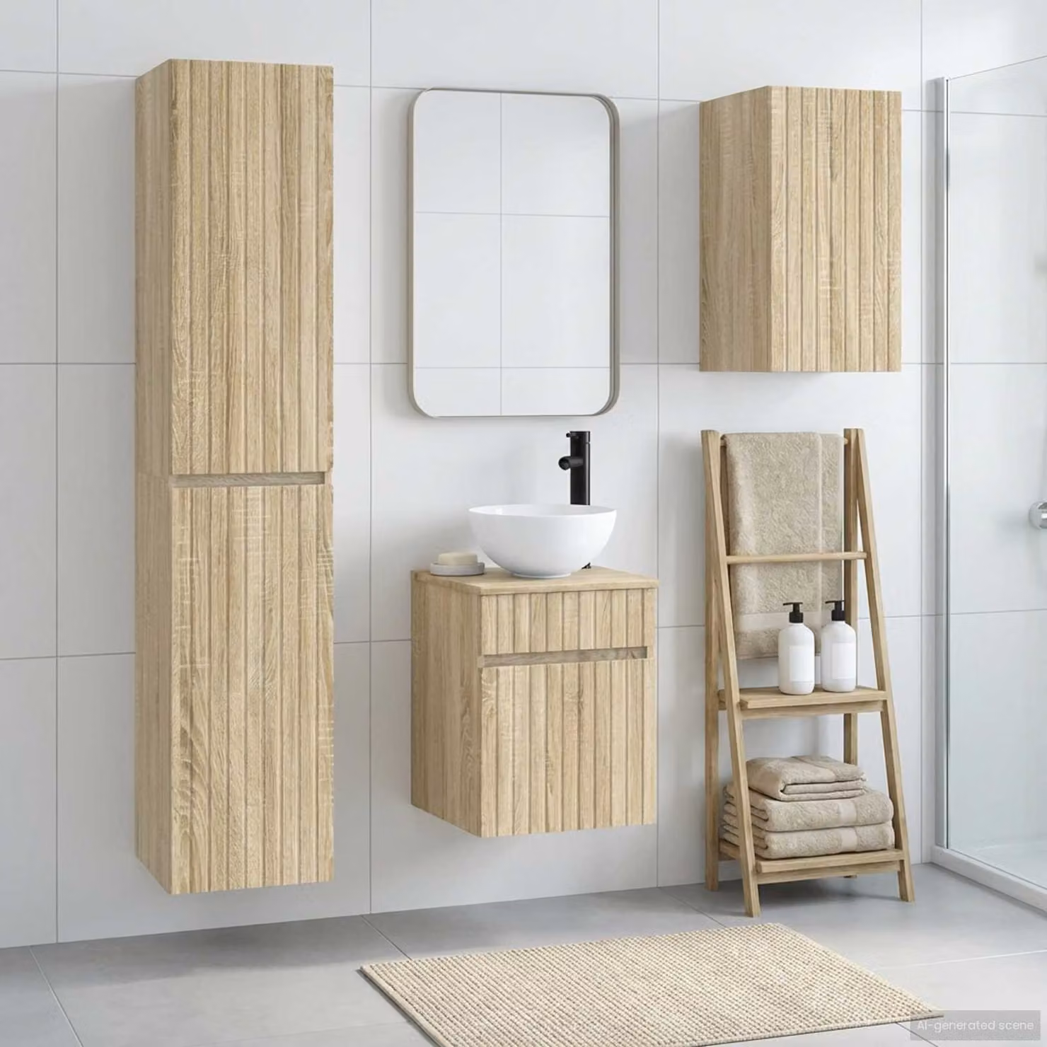 Set di mobili per il bagno vidaXL composto da 3 pezzi in legno marrone con armadietto a specchio, pensile e colonna alta, design minimalista e montaggio a parete