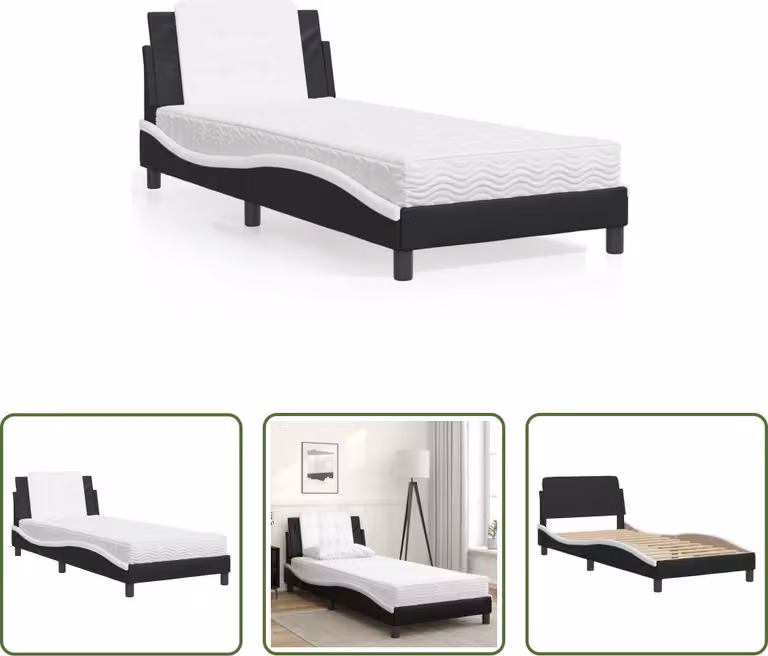 The Living Store Letto con materasso bianco e nero 90x190 cm in ecopelle