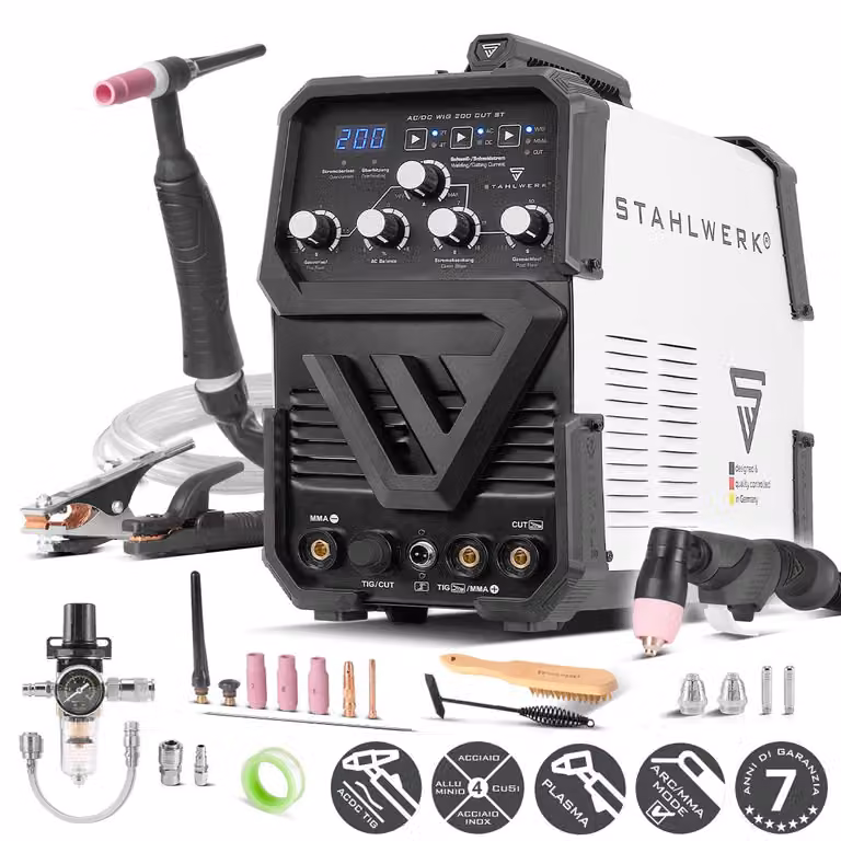 STAHLWERK Saldatrice 3 in 1 combinata AC/DC TIG 200 CUT ST - TIG & MMA fino a 200 A, taglio al plasma fino a 45 A, acciaio inox, rame, alluminio, titanio