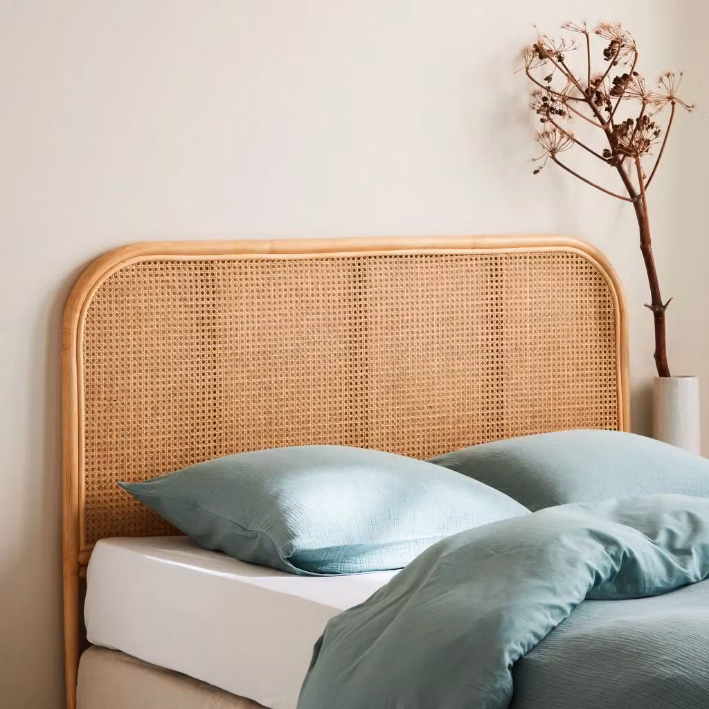 Testiera per camera da letto Sweeek in rattan naturale e legno massello, stile boho, marrone e beige – 2