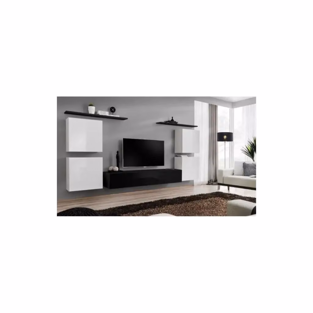 Composizione murale Meublorama SWITCH IV in MDF nero e bianco lucido con mobile TV, pensili e scaffali sospesi per soggiorno, L: 320 cm, H: 40 cm, P: 150 cm – 2