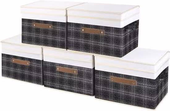 Set di 5 scatole di archiviazione pieghevoli e impilabili con coperchio e maniglie, colore grigio, L 38 cm x P 25 cm x H 25 cm