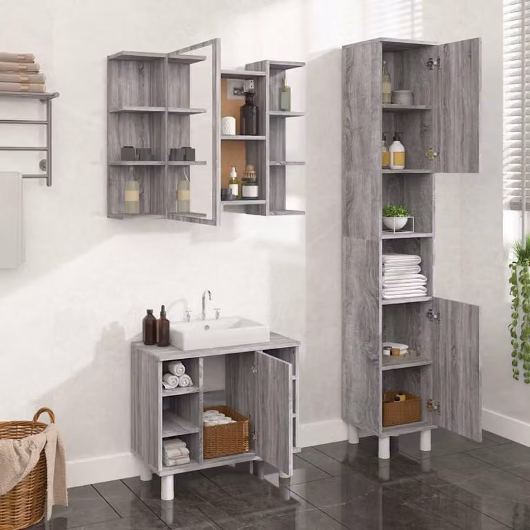 Set di mobili da bagno moderno vidaXL composto da 3 pezzi in colore grigio opaco con base lavabo, armadio alto e pensile con specchio e illuminazione LED