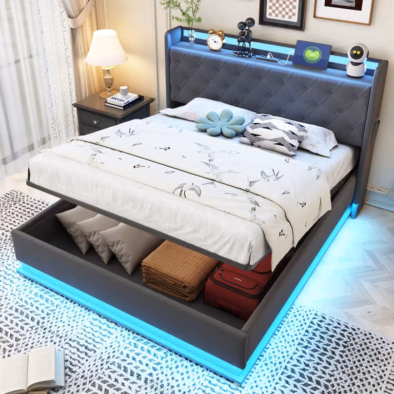 Letto imbottito STILVORA 140×200 cm, letto matrimoniale con porta USB e vano portaoggetti, struttura idraulica con luci LED, rivestimento in lino anallergico, grigio (senza materasso)