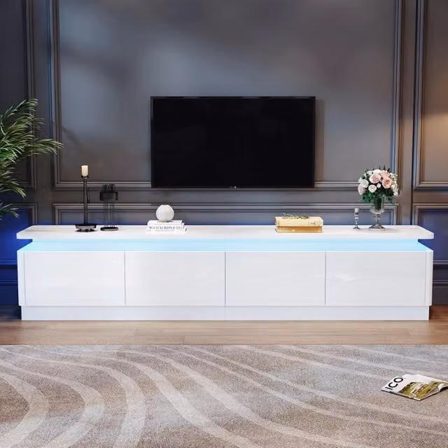 Mobile TV bianco lucido con 4 cassetti, LED integrati, 180x34x40 cm, adatto per TV fino a 75 pollici