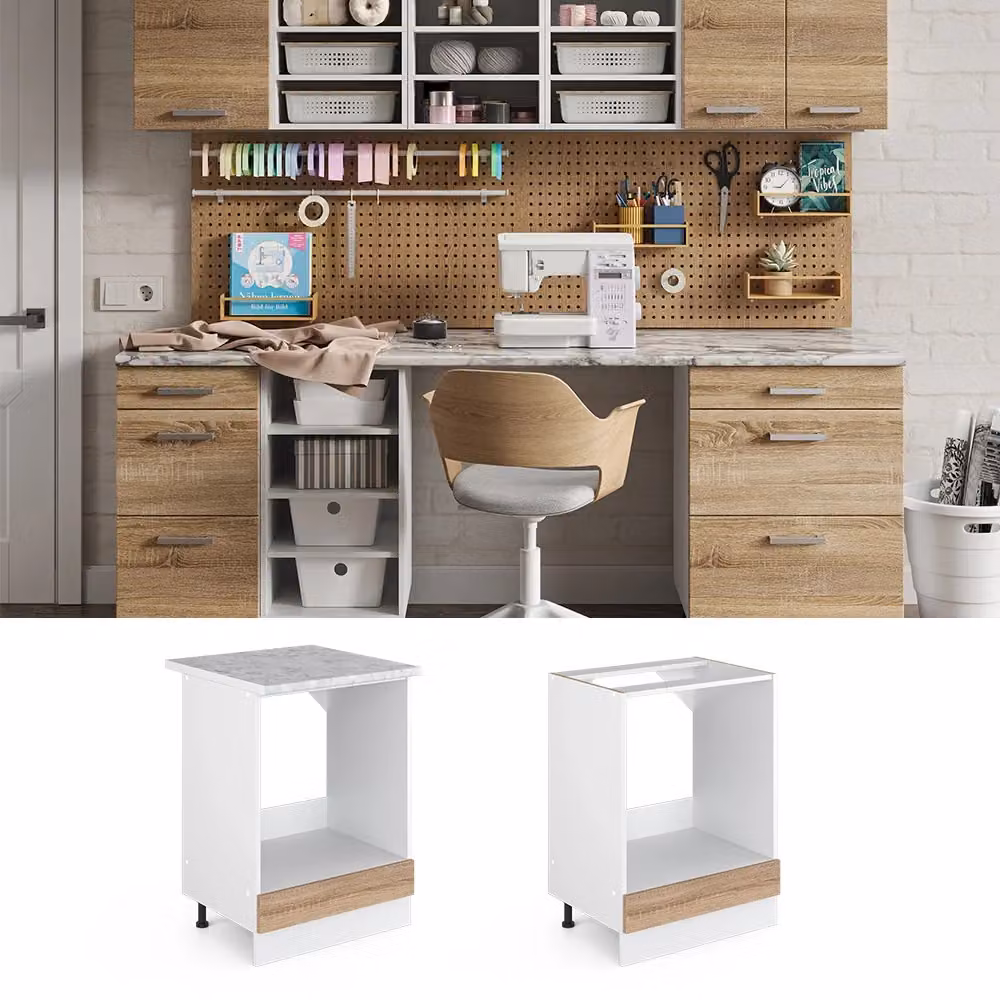 Base universale R-Line Sonoma Vicco con ampia nicchia e piano di lavoro, Bianco, L: 60 cm, H: 81,6 cm, P: 23,1 cm – 2