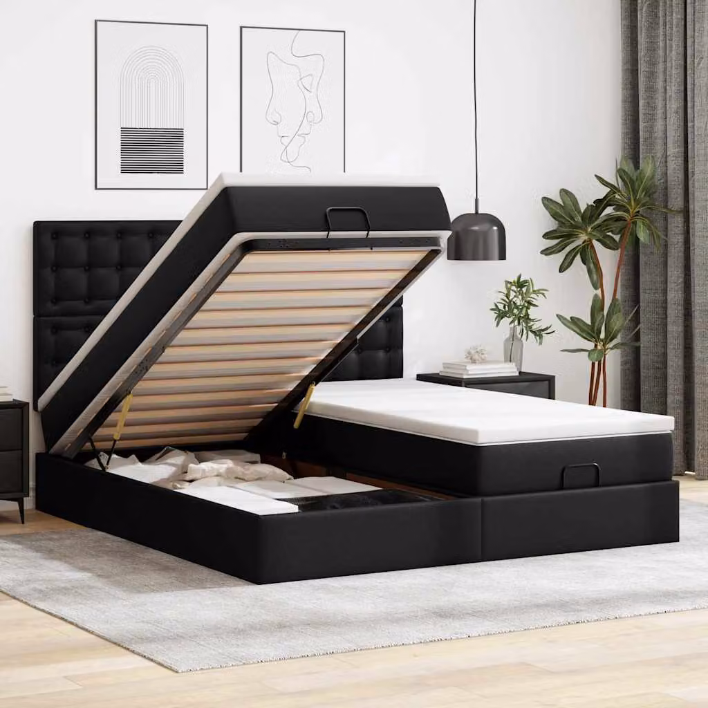 Pouf Letto vidaXL in Similpelle Nero con LED e Porte USB, L/P/H: 160 x 200 x 128 cm