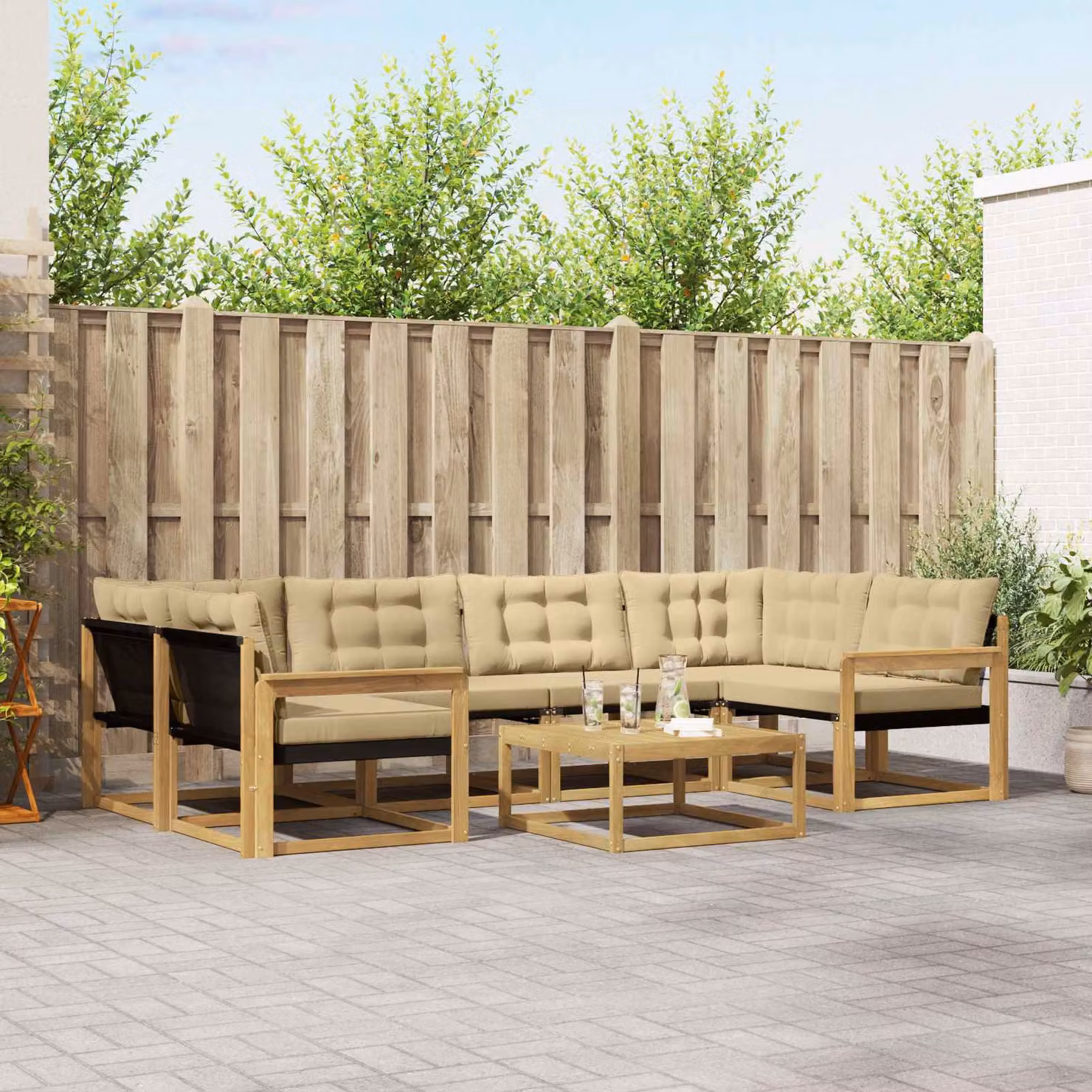 vidaXL Set di divani da esterno 7 pz in legno di acacia con cuscini Bianco e Beige