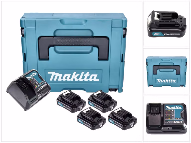 Kit alimentazione Makita 4x BL 1021 B batteria 12 V max. 2,0 Ah CXT ( 4x 197396-9 ) + caricabatteria DC 10 SB ( 197363-4 ) + Makpac