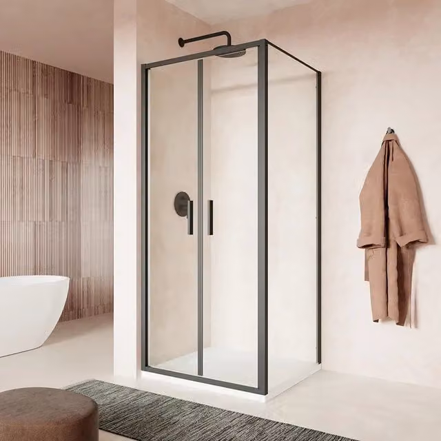 Box doccia slim 70x80cm con porta saloon e parete fissa profili nero opaco e vetro 6mm trasparente h190| Portofino
