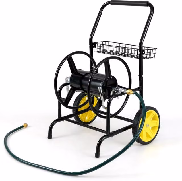 Carrello avvolgitubo da giardino Design Mania con 2 ruote e cestino portaoggetti, colore nero