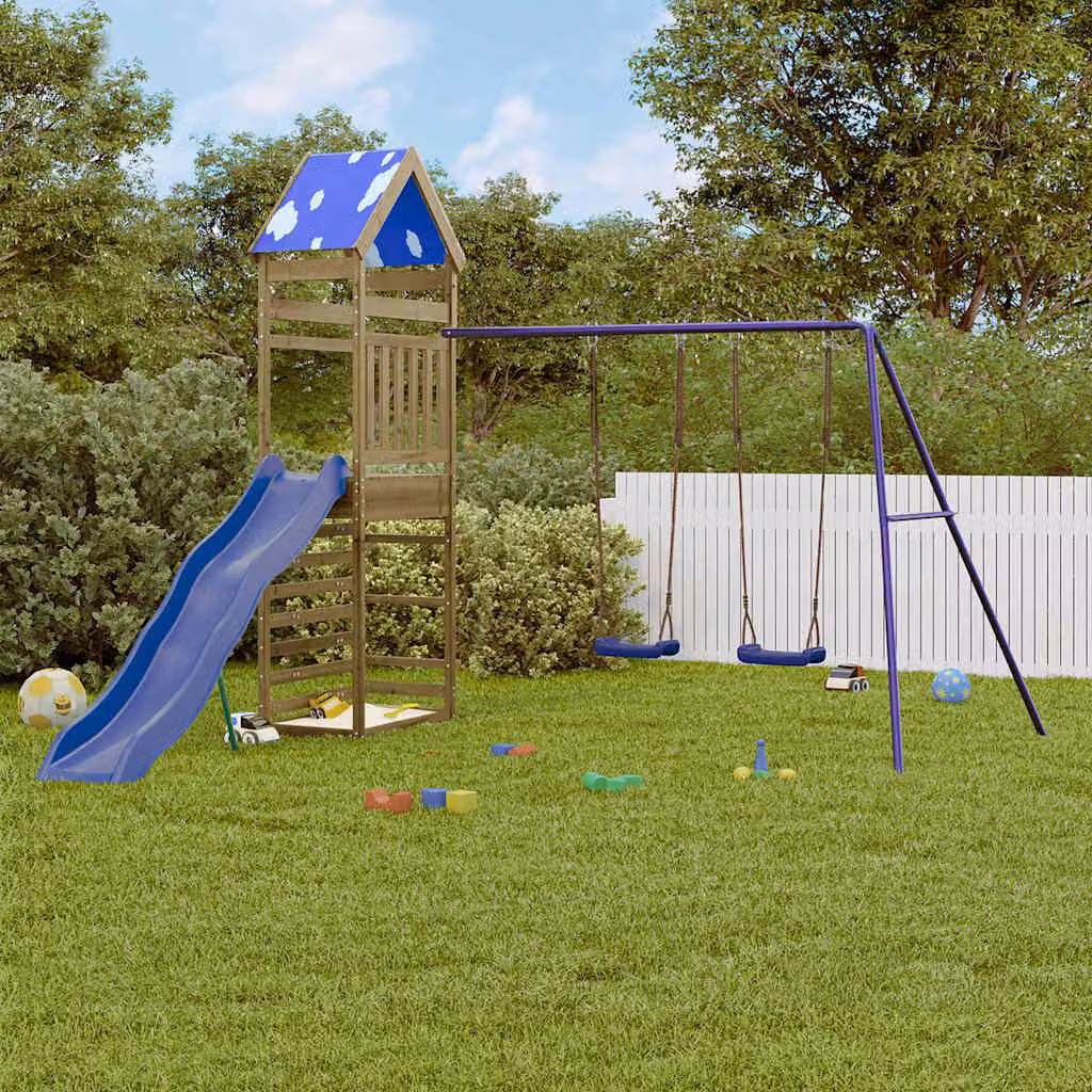 vidaXL Set da Gioco da Esterno con Torre di Gioco, Scivolo, Altalena e Sabbiera in Legno, Blu e Marrone, L/P/H: 335 x 316 x 265 cm – 1