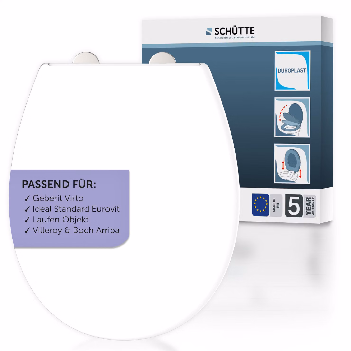 Sedile per WC SCHÜTTE adatto a Geberit VIRTO, Ideal Standard EUROVIT, Laufen OBJEKT, Villeroy & Boch ARRIBA