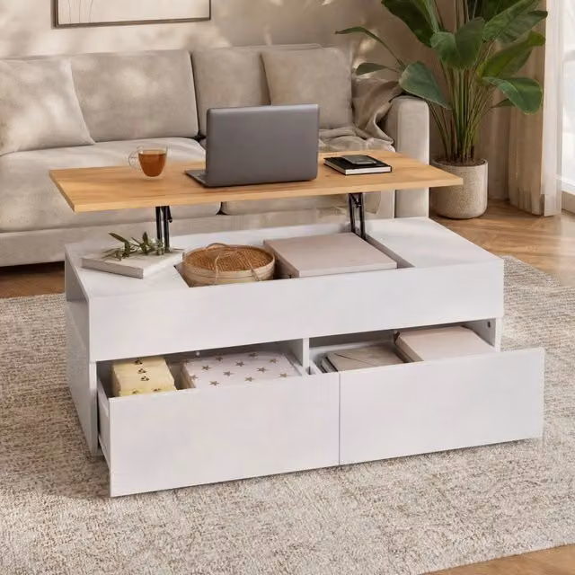 Tavolino da soggiorno MODFU bianco con meccanismo sollevabile e design moderno L: 100 cm, P: 50 cm, H: 40 cm