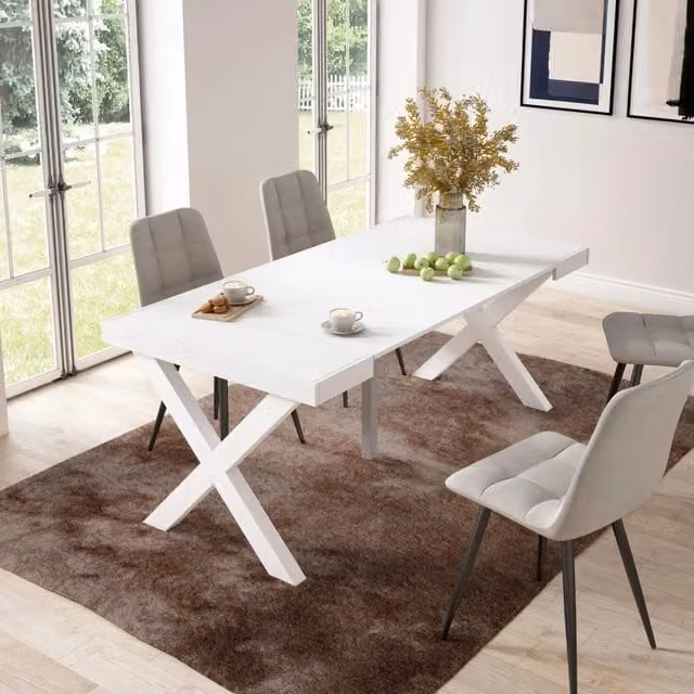Consolle allungabile, 58 fino 180x90x73cm, Per 8 persone, Gambe in legno, Bianco RF2771