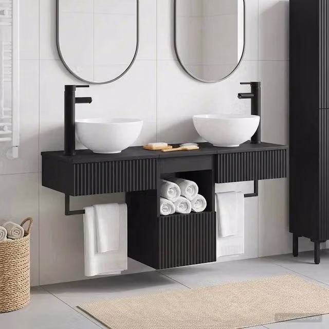 Set di mobili da bagno moderni vidaXL in MDF nero opaco composto da 3 pezzi con mobile sottolavabo e pensile a parete