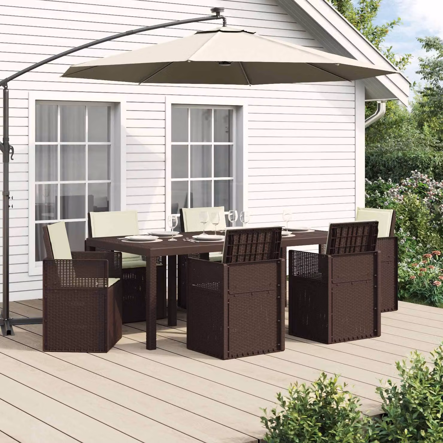 Set da pranzo per giardino e terrazzo vidaXL in 7 pezzi marrone e beige in plastica resistente alle intemperie