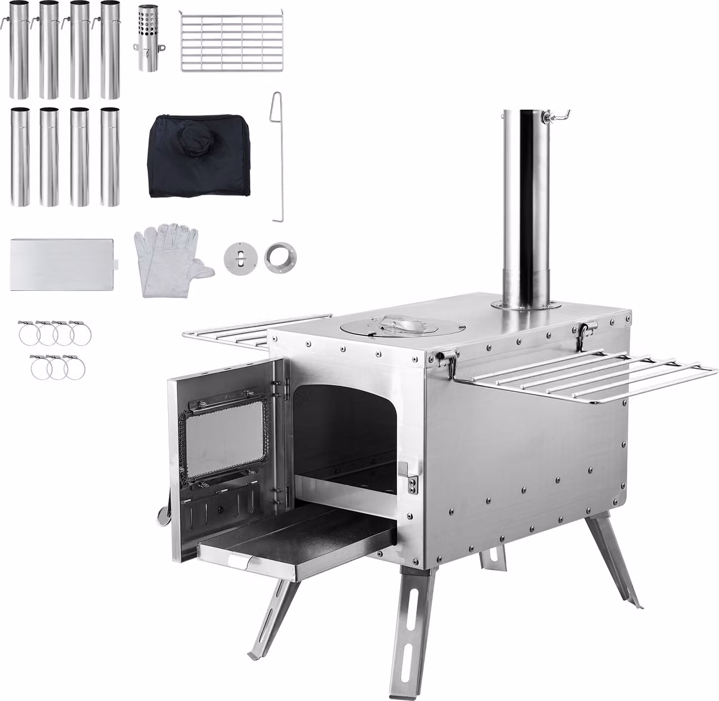 SucceBuy stufa a legna, stufa a tenda portatile in acciaio inox con 86 pollici, tubi del camino e guanti, 1646 pollici³ focolare per la cottura e il riscaldamento all'aperto, con 8 tubi