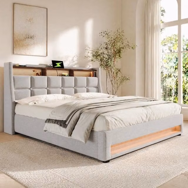 Letto imbottito REDOM beige con illuminazione LED, porta USB e base a contenitore, L/P/H: 140 x 200 x 117 cm