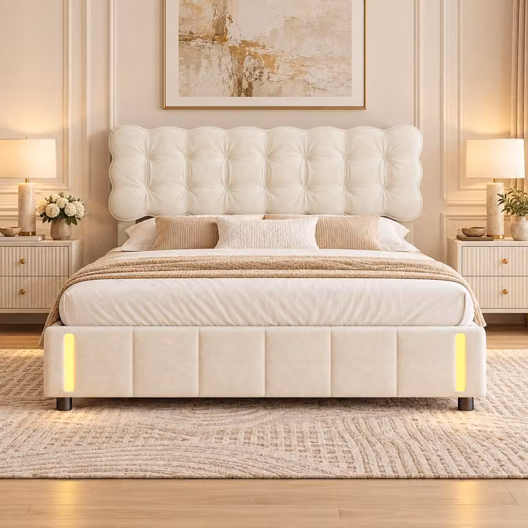 Letto imbottito idraulico INONEFT, 160x200 cm, con spazio contenitore, letto per ragazzi con luce a induzione, struttura del letto con rete a doghe, velluto, beige
