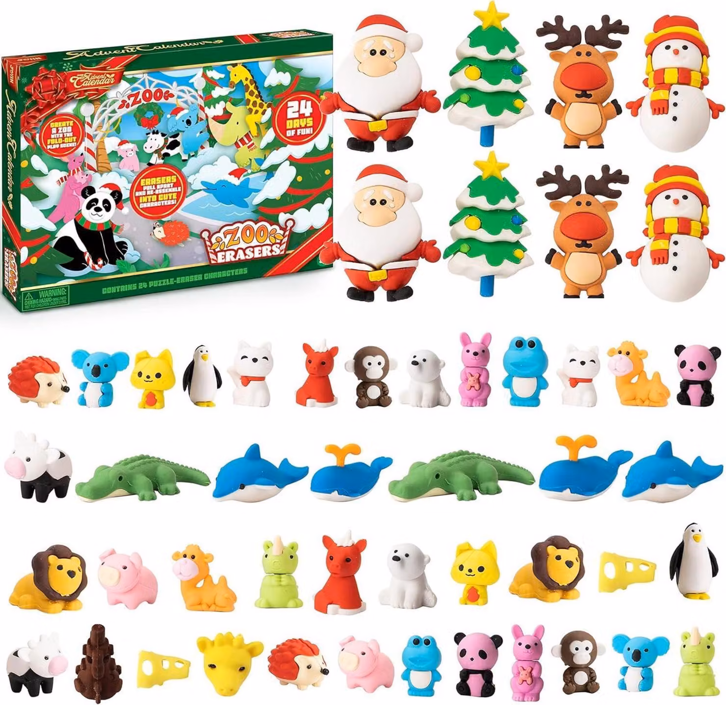 JOYIN 2024 Calendario dell'Avvento di Natale 24 giorni di conto alla rovescia con 24 figure di animali e 48 gomme da cancellare