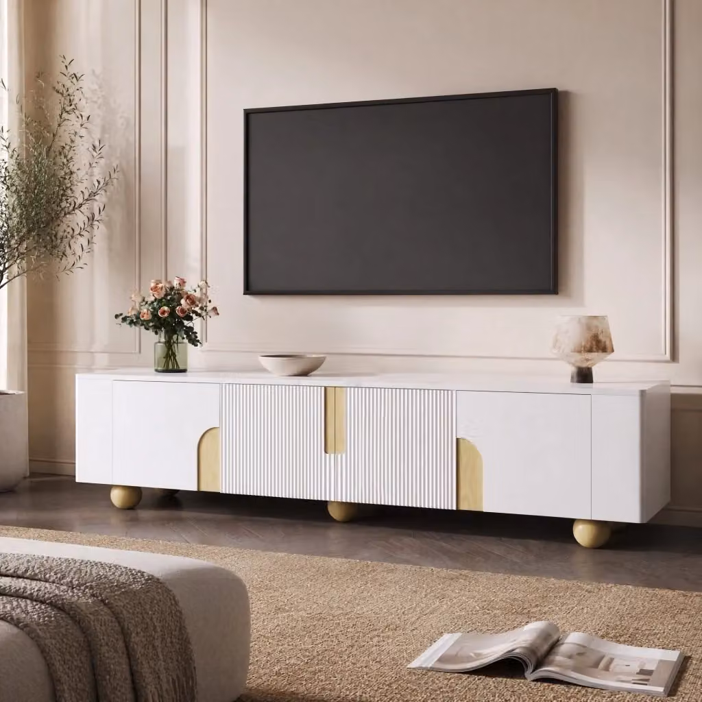 Mobile TV moderno REDOM con 4 ante, finitura bianco effetto legno e marmo, L: 180 cm, P: 40 cm, H: 44 cm – 2