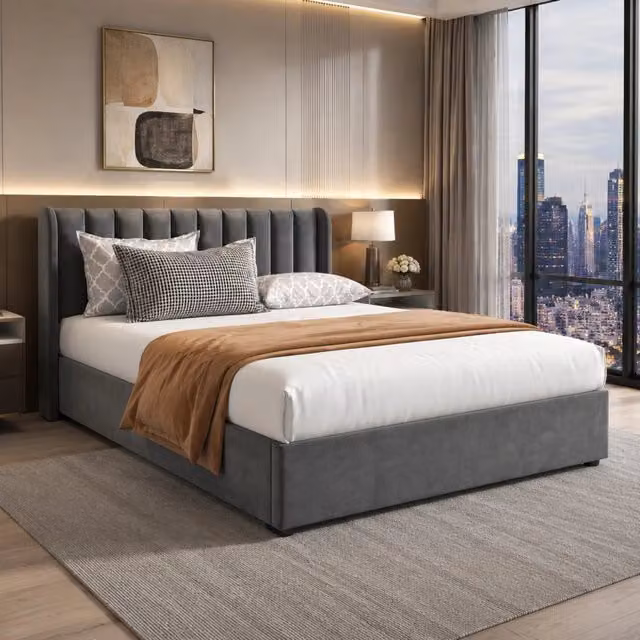 Letto matrimoniale 140x200 cm con 2 cassetti; testiera alta in velluto; grigio