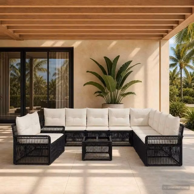 Set Divano da Giardino 11 pz vidaXL Nero con Cuscini e Tavolino in Polyrattan e Metallo – 1
