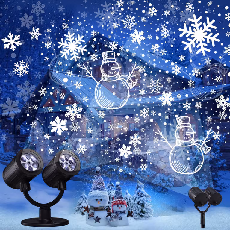 Proiettore natalizio a LED, modello a doppio proiettore, con decorazioni a fiocchi di neve e pupazzo di neve, dotato di timer e resistente all'acqua
