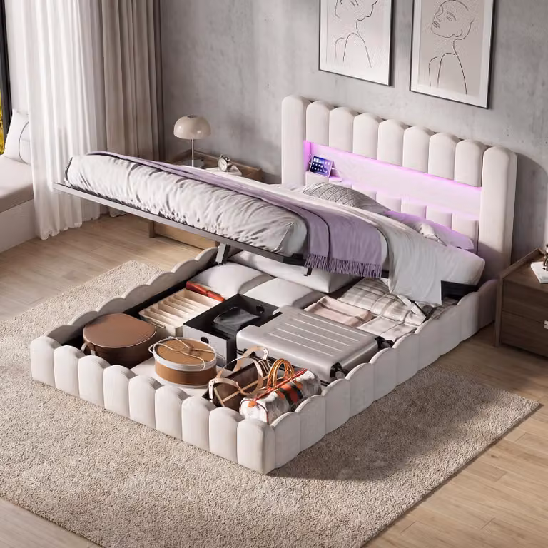 Letto imbottito INONEFT 160x200 cm con contenitore, letto matrimoniale a molle con LED e USB, letto per ragazzi multifunzionale con rete a doghe, in lino, color beige