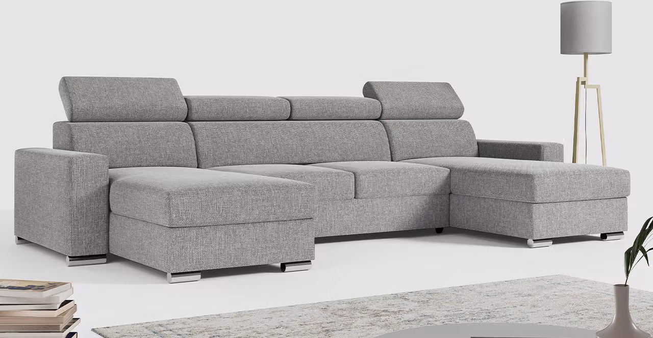 Divano angolare MKS MEBLE con funzione letto e contenitore, divano a forma di "U", divano con funzione letto - modello FOX-U - Grigio chiaro