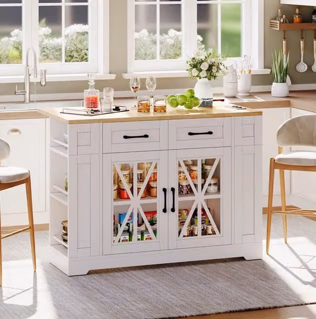 Isola da cucina 120 cm bianca e naturale con piano pieghevole e contenitori