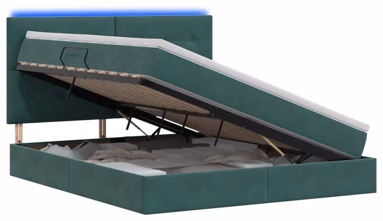 Letto imbottito con tecnologia LED e materasso, colore verde scuro, dimensioni 140 x 200 cm, rivestito in velluto