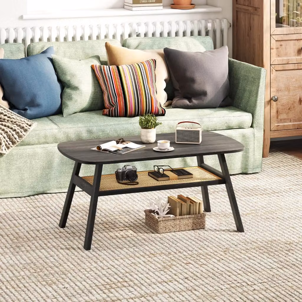 Tavolino da caffè rettangolare Design Mania con ripiano in rattan e gambe in legno di gomma, 2 livelli, stile rustico, L: 120 cm, P: 55 cm, H: 44,5 cm – 2